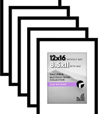 Americanflat 12x16 Picture Frame with Polished Plexiglass - Set of 5 - Use as 8.5x11 Frame with Mat or Display 12x16 Photo Without Mat - Galleria Collection - Picture Frames for Wall Display - Black